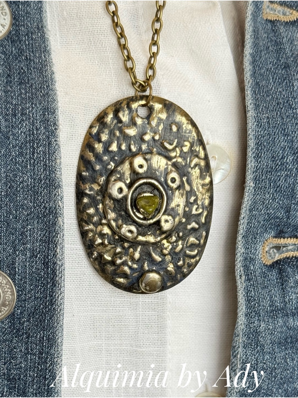 Fall essentials navy patina 
and Gold Oval Pendant with Olive Green Stone
